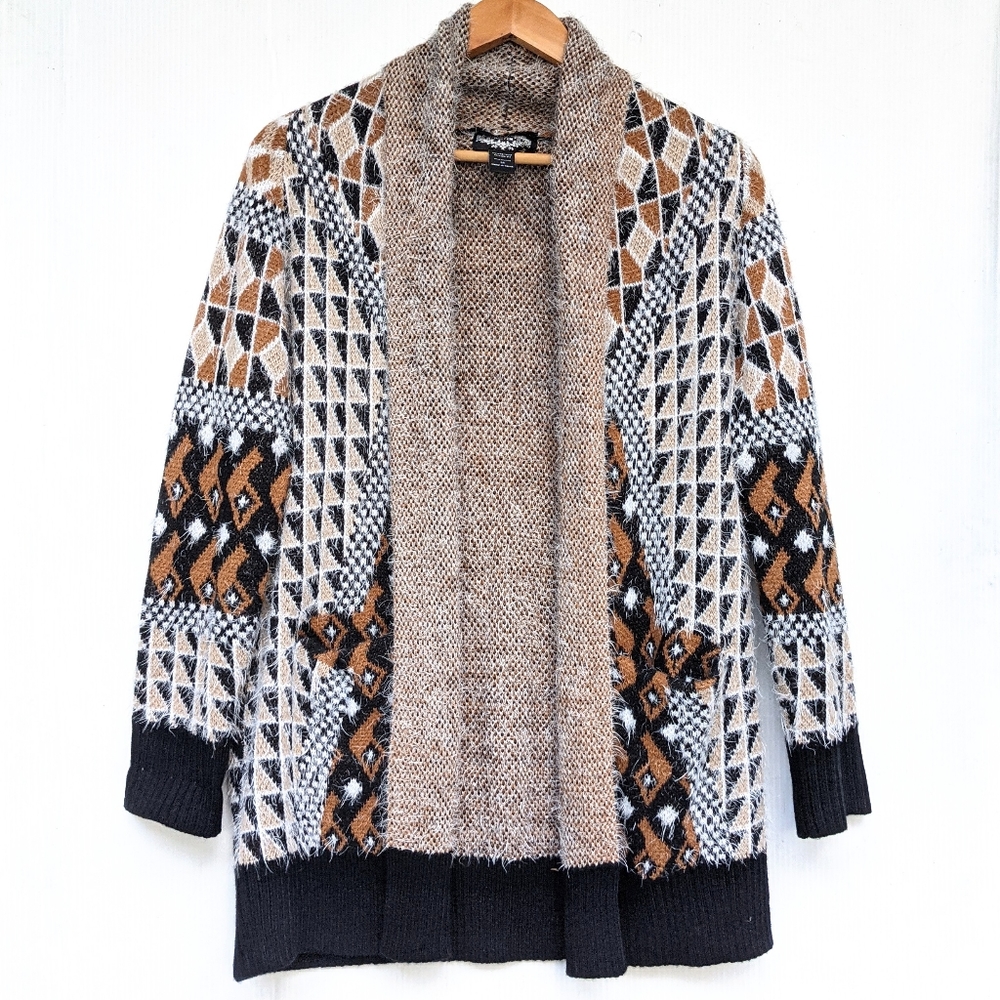 OLIVER Tribal Aztec Southwestern Open Front Eyelash longline Cardigan Sweater